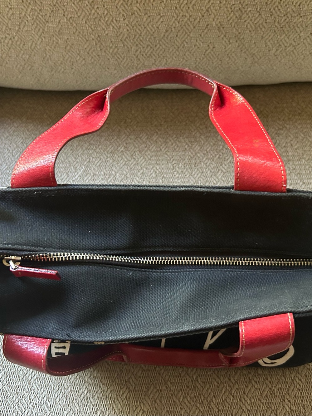 kate spade M Kalman Vtg Rare Black Canvas Bag Red Leather Handles Artsy Pop Art - Picture 12 of 16